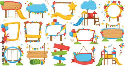 Kids Playground Frames Illustration Set Featuring Slides, Swings, Balloons, Stars, and Fun Borders for Children Party Design