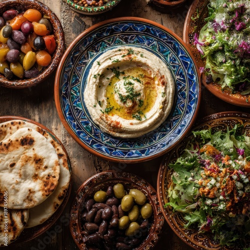 Top view of a feast table with hummus, pita, olives, and salads, rich colors, food photography