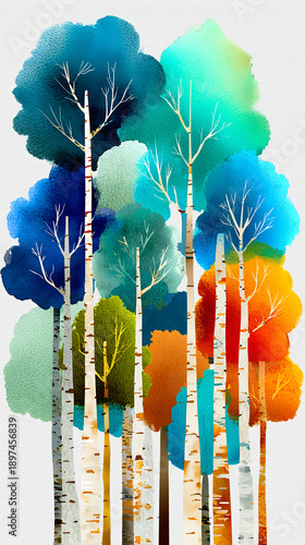 Vibrant colors of autumn trees create a magical forest scene in bright shades of blue, green, and orange