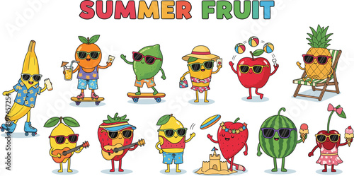 Summer Fruit Characters with Sunglasses, Fun Activities, Tropical Vibes, Cartoon Style, Playful Beach Scene, Vibrant Educational Design for Kids