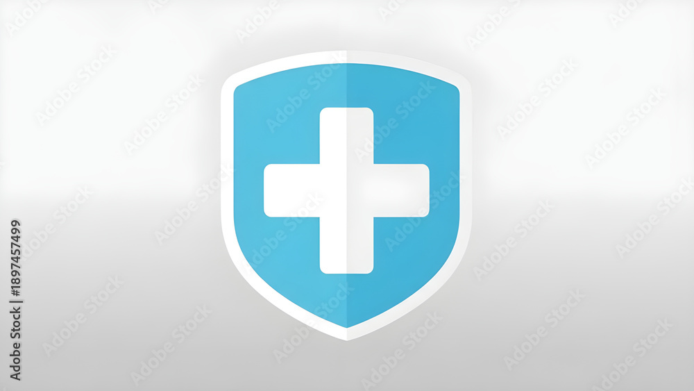 Obraz premium Blue shield with white medical cross icon, health protection symbol, security and safety emblem, healthcare logo element isolated PNG with Transparent Background