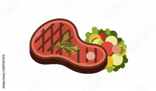 Gourmet BBQ beef steak and vegetable salad modern flat vector illustration on white