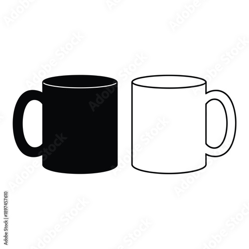 Two coffee mugs one black one white side by side illustration