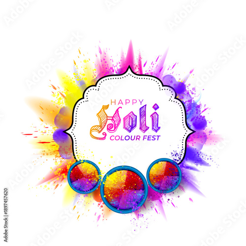 Festive colorful Indian holi colors background with logo and vintage frame design.
