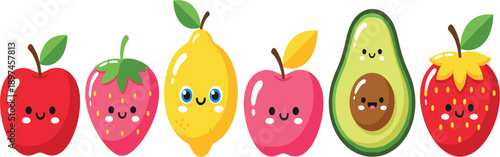 Cute Kawaii Fruit Character Illustration Set with Smiling Apple, Strawberry, Lemon, Avocado, and Berry Faces in Colorful Cartoon Vector Style