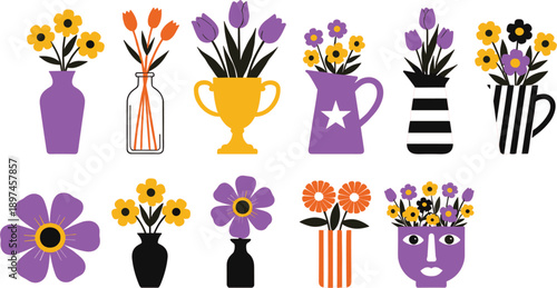 Colorful Flower Vase and Pot Illustration Collection with Floral Bouquets, Decorative Containers, and Modern Botanical Elements in Flat Vector Style