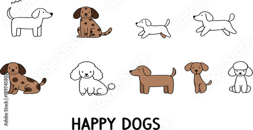 Cute Happy Dog Characters Illustration Set with Playful Puppies in Different Poses and Breeds for Kids, Pets, and Cartoon Vector Designs