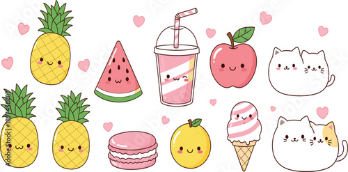 Cute Kawaii Anime SCute Kawaii Food and Cat Sticker Set with Smiling Fruits, Desserts, Drinks, and Hearts in Pastel Cartoon Vector Styleti