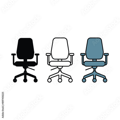 Three office chairs in varying shades from black to blue