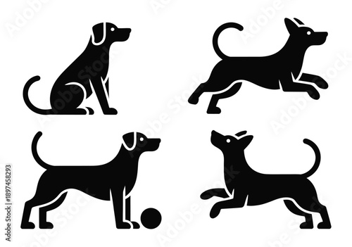 Stylized black silhouettes of dogs in various poses including sitting, jumping, and standing, high quality modern vector illustration.