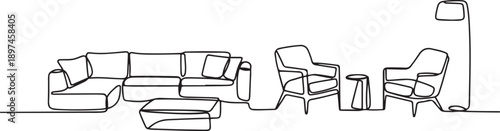 A collection of contemporary furniture and home furnishings. Continuous one line drawing.one line victor illustration in white Background.