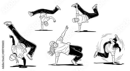 dynamic breakdance moves illustration featuring energetic b-boys and b-girls performing hip hop street dance power moves and freezes.