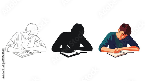 Student studying and writing in a book three styles sketch, silhouette and full color illustration