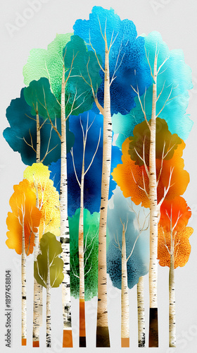 Colorful autumn trees stand tall, showcasing nature's beauty under a bright blue sky in a serene forest scene