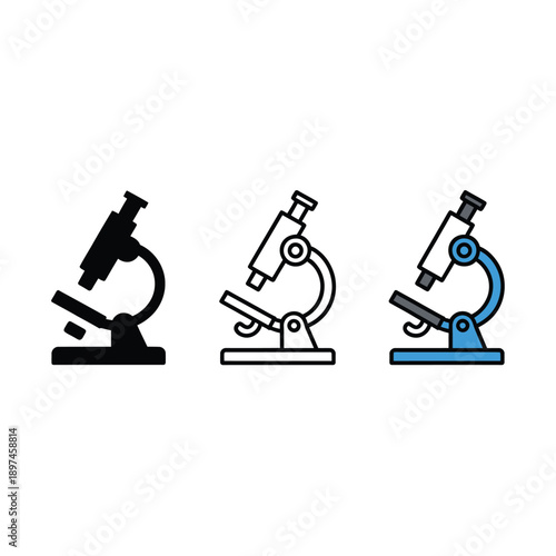 Three variations of a microscope icon presented in differing styles