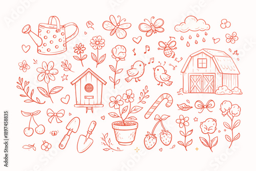 Hand drawn doodle set featuring garden elements farm house and whimsical nature scenes