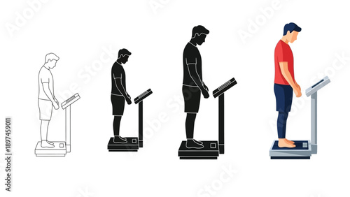 Body composition analysis scale progression from outline sketch to full color illustration of man weighing digital body fat analyzer