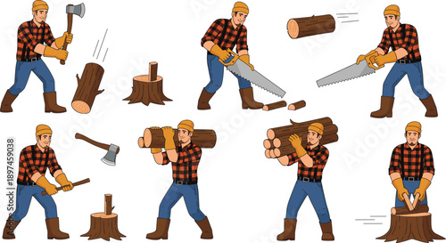 Lumberjack Woodcutting Illustration Set Showing Bearded Worker Chopping Logs with Axe and Saw for Forestry and Timber Work Design