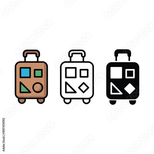 Three suitcase icons with varying colors and geometric shapes inside