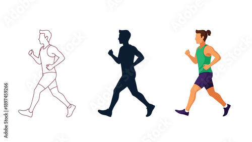 Man running set outline, silhouette and full color illustration of jogging male athlete in motion
