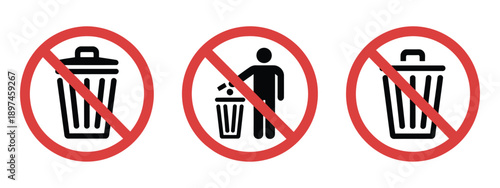 Three icons showing prohibition of littering, trash disposal forbidden signs, clean vector illustration on white background.