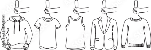 Set of drawing of hands holding hoodie, t shirt, tank top, jacket, and sweater.one line victor illustration in white Background.