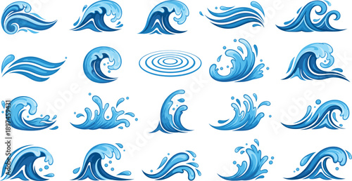 Ocean Wave Illustration Set Featuring Blue Water Splashes, Sea Surf Shapes, and Dynamic Liquid Elements for Nature Design