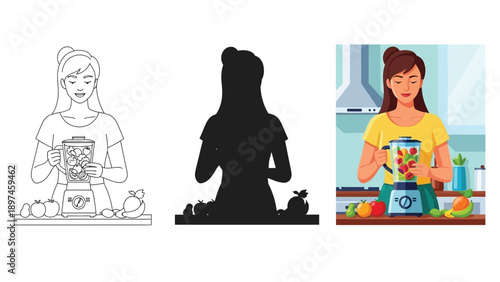 Woman making a healthy smoothie or juice in a blender in a modern kitchen setting, illustration set