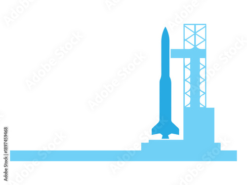 Minimalist graphic illustration of a majestic space rocket standing tall on its dedicated launch platform, symbolizing advanced space travel and future exploration with powerful potential