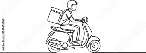 Continuous line art or One Line Drawing of Delivery Man Ride Scooter Motorcycle Cartoon.one line victor illustration in white Background.