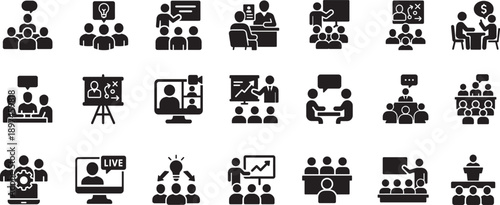   Conference and meeting icon set for business training, team brainstorm, seminar and interview, vector EPS.