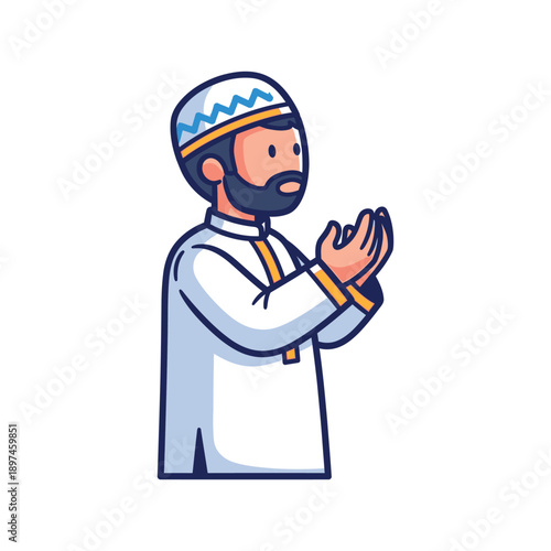 Man in traditional attire praying with hands together in a serene illustration