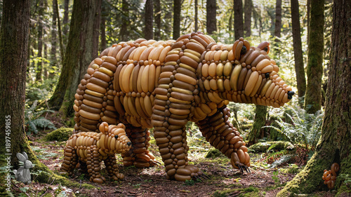 Hyper-realistic forest scene featuring a massive grizzly bear and cub constructed entirely from brown and tan balloons, blending whimsical balloon art with a natural woodland setting.