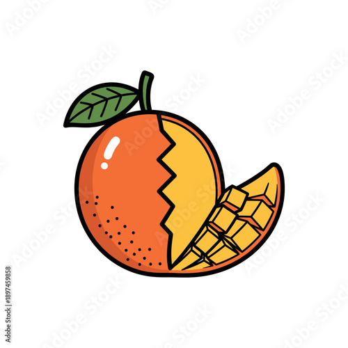 A cartoon orange with a jagged split revealing its segments and leaf on top.