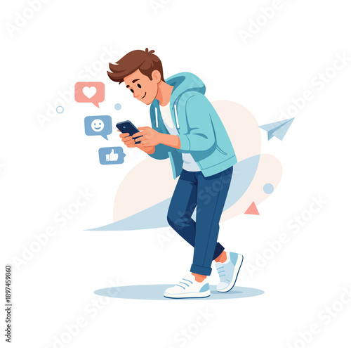 Man engaging with social media on smartphone, flat vector illustration