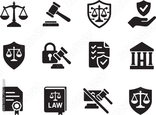   Law and Justice solid icon set with gavel, scales, cyber law, anti-corruption, vector EPS icons.