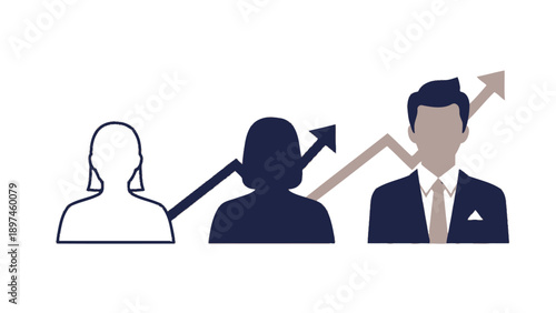 Career growth and development stages of professionals with upward trend arrow