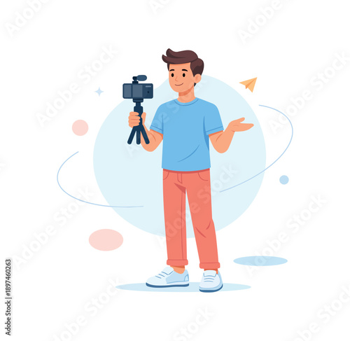 Man with camera on tripod in casual attire, flat vector illustration