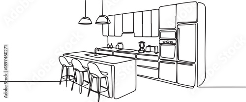 Single one line drawing stylish kitchen with full furniture modern. Equipped with full kitchen set. Cooking more fun with complete equipment.one line icon illustration in white Background.