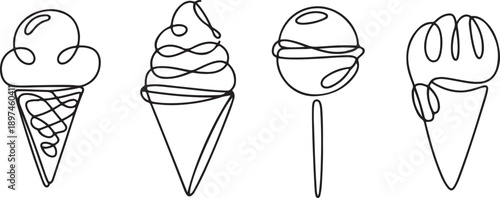 Abstract ice cream cones, lollipop continuous one line drawing set isolated.one line icon illustration in white Background.