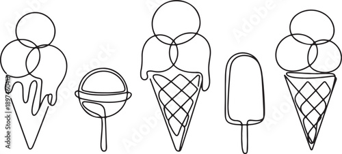 Abstract ice cream cones, lollipop continuous one line drawing set isolated.one line icon illustration in white Background.