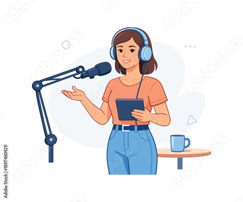 Woman podcasting with microphone setup, flat vector illustration