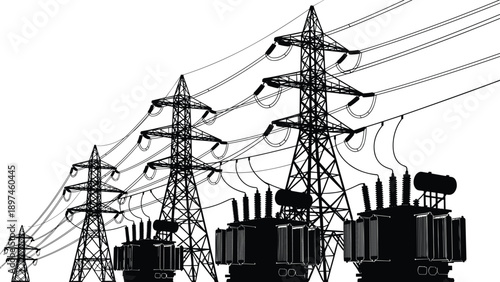 High voltage power transmission towers and electrical transformers in perspective view, energy infrastructure silhouette illustration isolated on white background