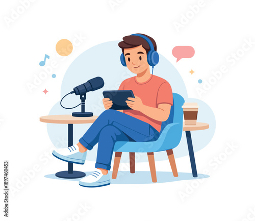 Man podcasting with microphone setup, flat vector illustration