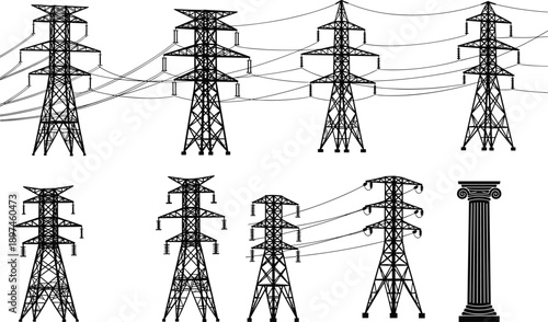 Set of electric power transmission towers and pylons with overhead lines, industrial energy infrastructure silhouettes isolated on white background