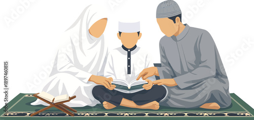 Muslim Family Performing Salah Together, Faceless Flat Vector Illustration