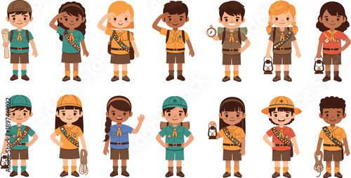 Cute Scout Kids Character Illustration Set Showing Boys and Girls in Camping Uniforms with Badges, Ropes, and Lantern for Adventure Design