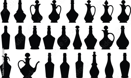 Olive oil and vinegar bottle silhouettes, vintage glass bottles clipart, condiment container vector, kitchen jar shapes, black and white