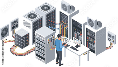 Data Center Server Maintenance Illustration Showing Technician Managing Network Racks, Cables, and Hardware for IT Infrastructure Design