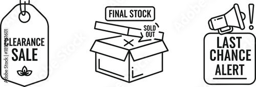Clearance Sale and Last Chance Alert Icons Featuring Final Stock, Sold Out, and Special Offer Graphics